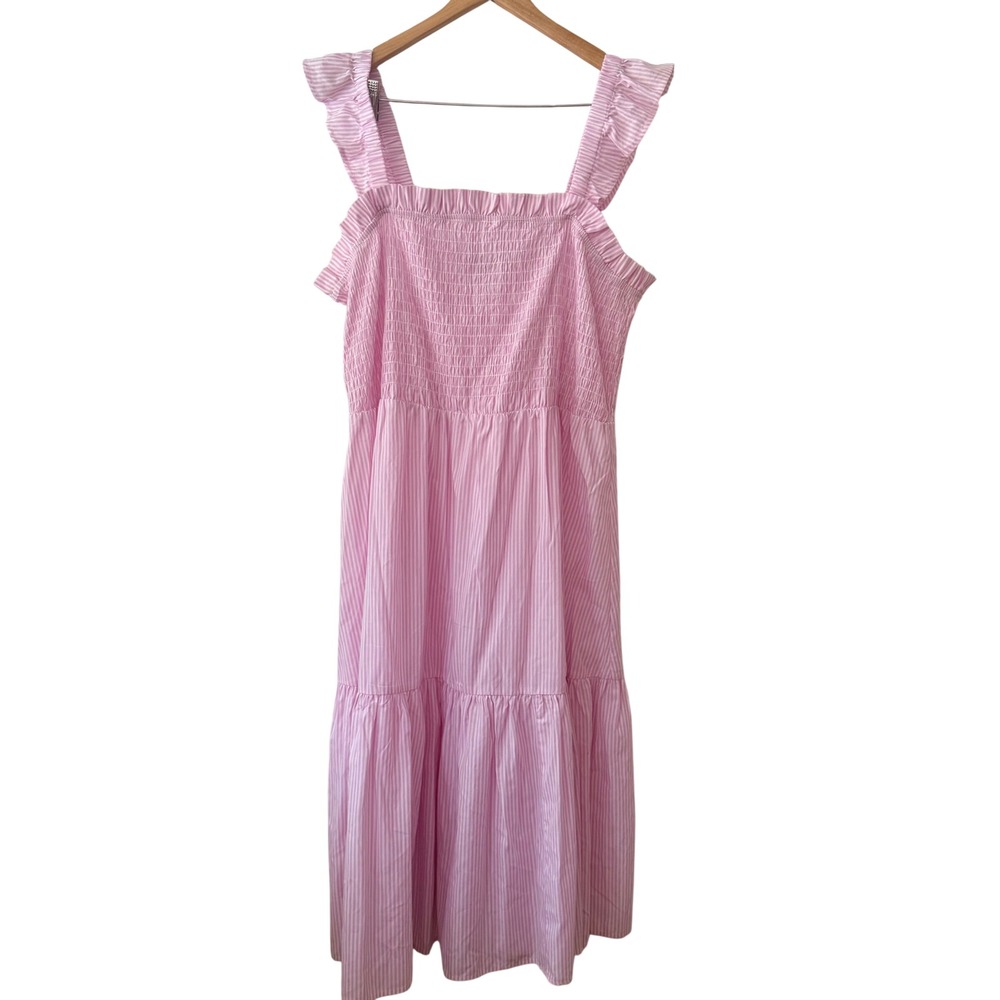 Eloquii‎ Pink White Striped Smocked Midi Dress Plus 22/24 Cotton Ruffle Beach